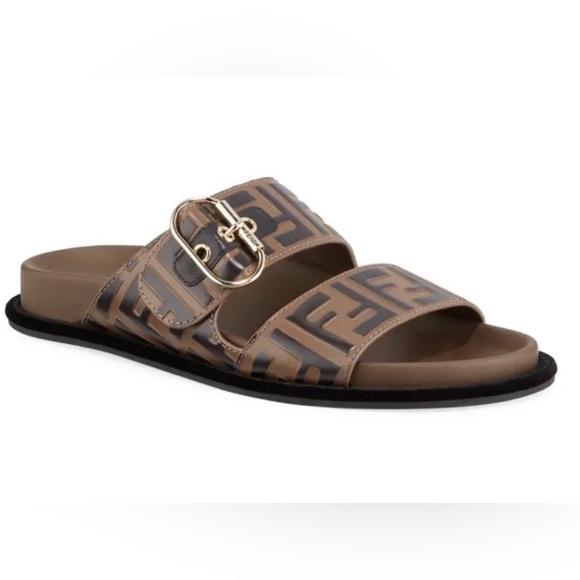 Fendi FF Brown Zucca Leather Slide Sandal
